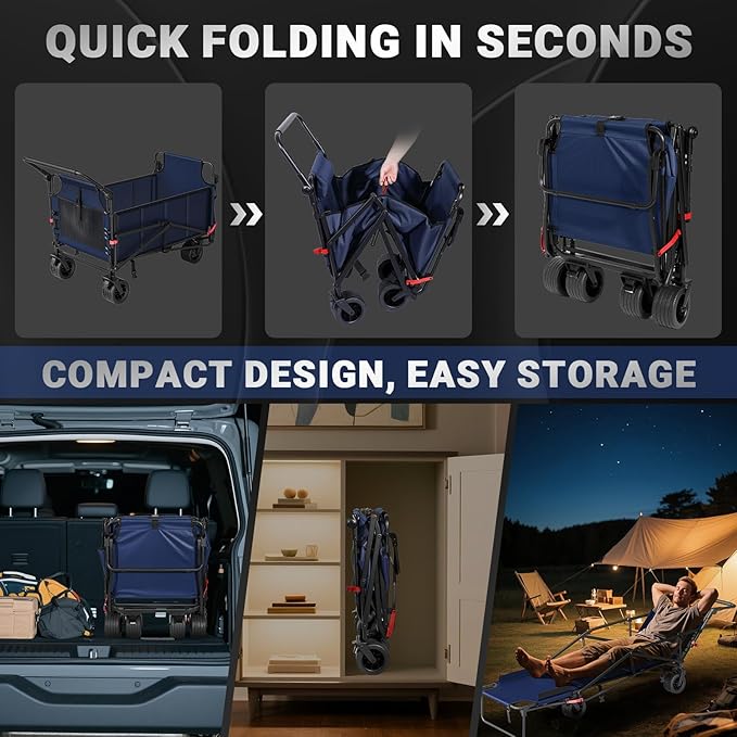 LEVELEVE Heavy Duty Folding Wagon - 2-in-1 Collapsible Cart, 650lb Capacity, All-Terrain Wheels w/Brakes & Side Pockets