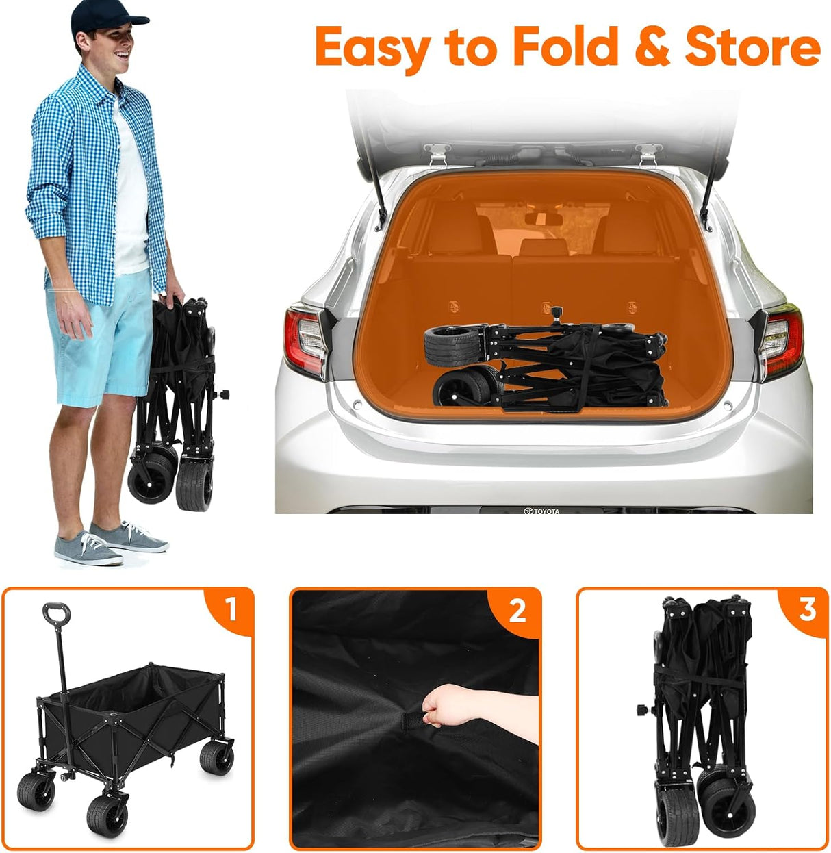 Collapsible Wagon with Table, Large Capacity Foldable Wagons Carts, Beach Wagon with Big Wheels, Heavy Duty Beach Car