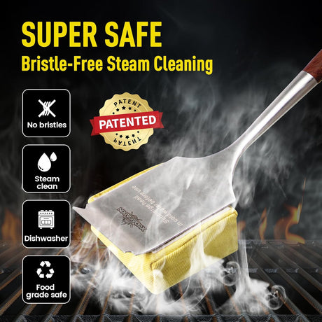 Bristle-Free Steam Grill Brush,with Extended Luxurious Rosewood Handle,Unique Seamless-Fit Scraper Tool,BBQ Replaceable