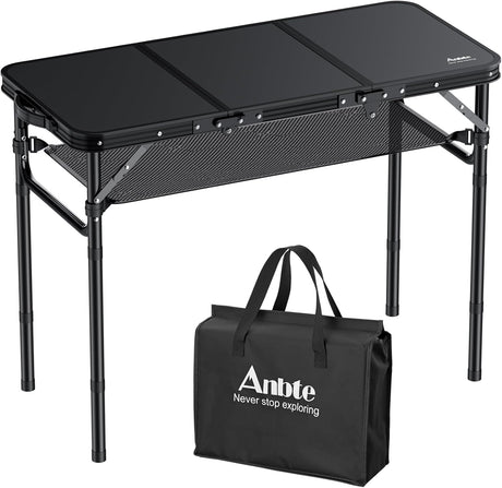 Folding Camping Table with Storage Net, 3ft Camping Table Aluminum Folding Table with 3 Adjustable Height Max 27.5 Inch
