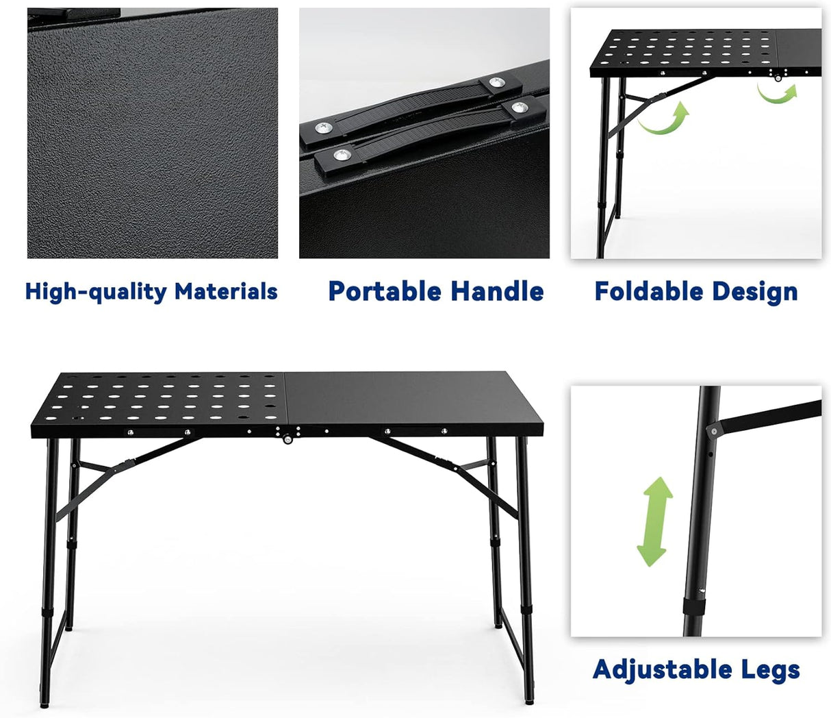 Skyflame Folding Camping Table with Adjustable Height Legs, Black Metal Portable Outdoor Grill Stand Table with Handle for