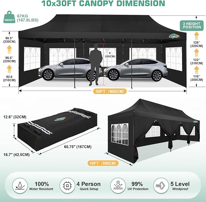 COBIZI 10x30 Pop Up Canopy Tent Heavy Duty with 8 Removable Sidewalls, Commercial Portable Tents for Parties Ez Up Canopy