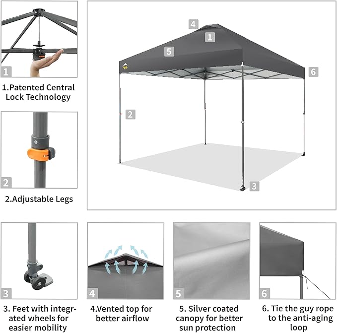CROWN SHADES Adjustable Height on The Fly, 10x10 Pop Up Canopy - Beach Tent with One Push Setup - Easy Outdoor Sun Shade for