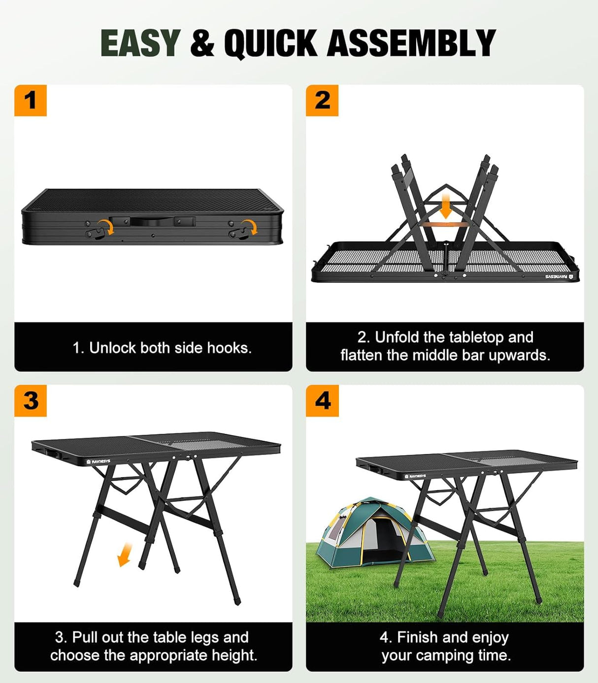 Foldable Grill Table with Mesh Desktop, 200lbs 3Ft Portable Folding Table, Height Adjustable Metal Table for Ourdoor,