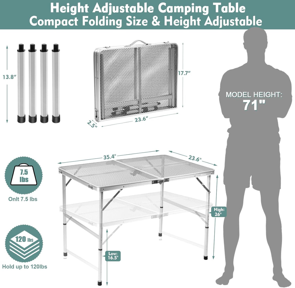 Folding Table, Easy for Storage, Compact and Portable Picnic Table for Grill, Outdoor Camping, Garden, Patio, Dining, BBQ,