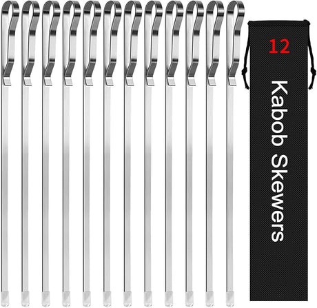 Kabob Skewers 17" Stainless Steel Long BBQ Barbecue Skewers, Flat Metal Kebob Sticks Wide Reusable Grilling Skewers for Meat