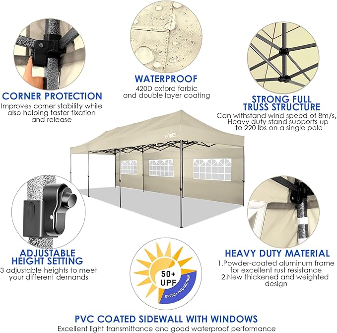 COBIZI 10x30 Heavy Duty Pop up Canopy with 8 sidewalls Stable Wedding Outdoor Tents for Parties Canopy Pop Up Party Tent UPF