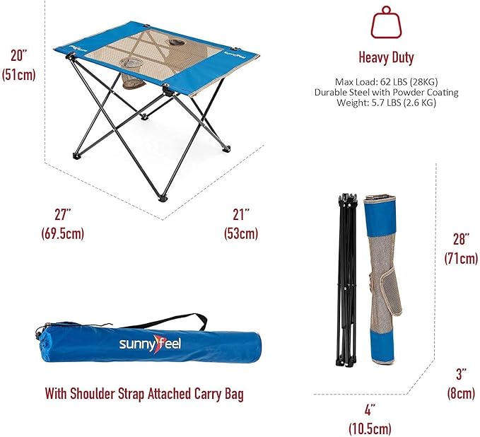 SUNNYFEEL Outdoor Folding Table | Lightweight Mesh Compact Camping Table, Roll Up Top 2 People Portable Camp Tables with