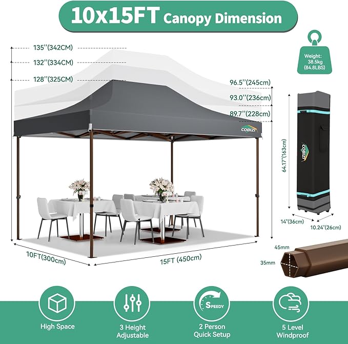 COBIZI 10x15 Pop Up Canopy Tent Heavy Duty with Sidewall, Commercial Outdoor Easy Pop Up Gazebo for Party Wedding All