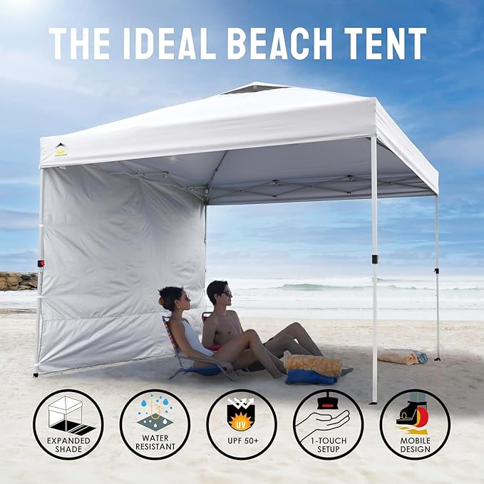 CROWN SHADES 10x10 Pop Up Canopy with 1 Side Wall - Beach Tent with One Push Setup - Outdoor Sun Shade for Events, Parties,