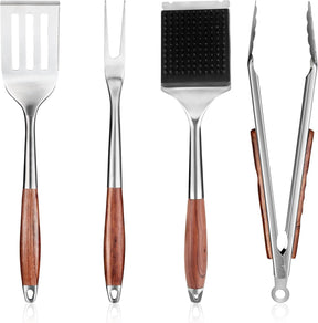 FJNATINH Heavy-Duty Grilling Accessories Rose Wooden BBQ Grilling Tools Set,Outdoor Grill Set with Spatula, Fork, Brush &