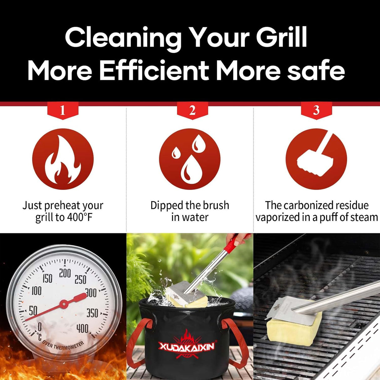 Upgraded Grill Brush Bristle Free,Water-Activated steam Effectively Cleans The Grill.Unique Wavy pad for Cast