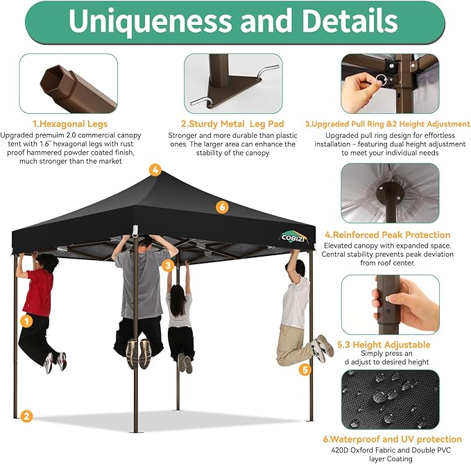 COBIZI 10x10 Pop Up Canopy Tent Heavy Duty with 4 Sidewall, Commercial Outdoor Easy Pop Up Gazebo for Party Wedding All