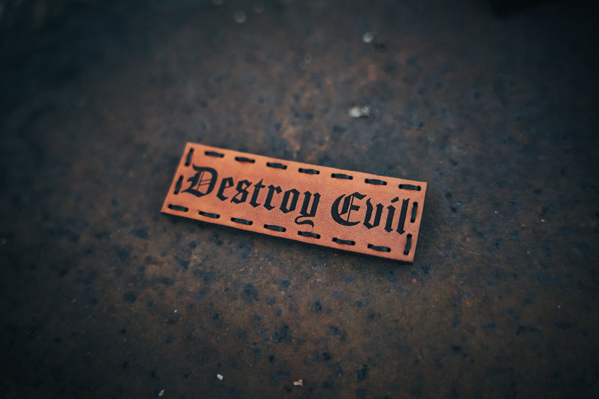 Destroy Evil Leather Patch in Light Brown Dye / Black Thread, alternate view 2