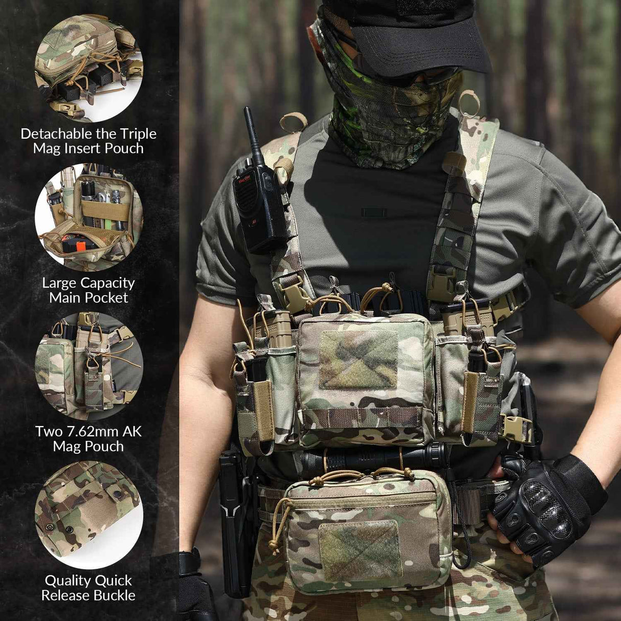 Votagoo Tactical Chest Rig - Adjustable & Detachable Design in Black camo, alternate view 4