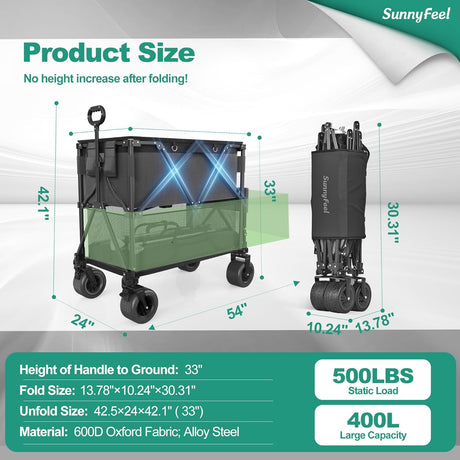 SUNNYFEEL Double Decker Wagon, Collapsible Outdoor Utility Wagon Cart 500LB Capacity Adjustable Handlebar,Foldable Wheels