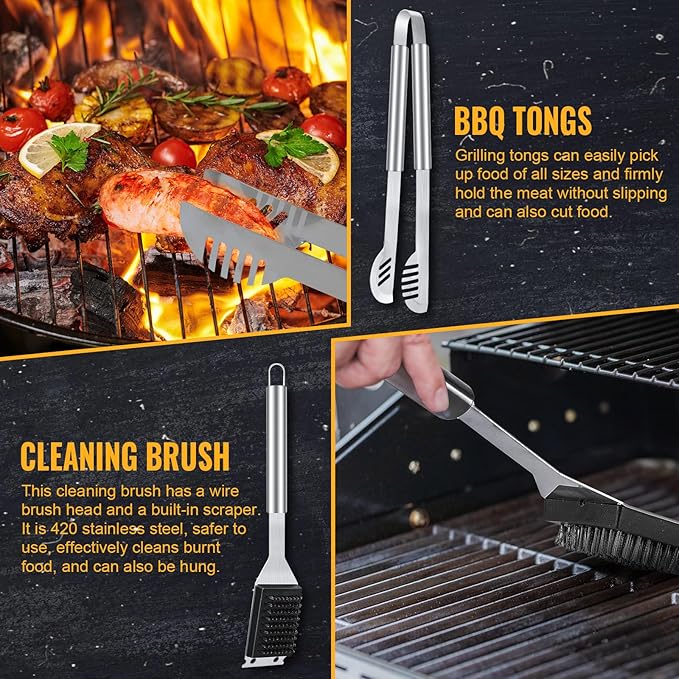 BBQ Grill Tools Set 16-inch Heavy Duty, 6 Pcs- Barbecue Utensils Kit for Camping, Kitchen, Outdoor Cooking,Suitable as a