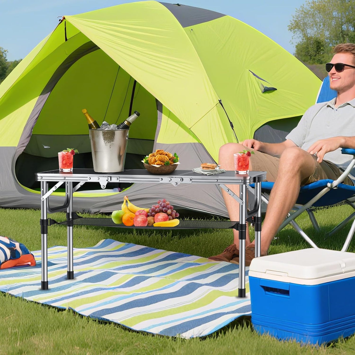 Folding Camping Table with Storage Net, 3ft Camping Table Aluminum Folding Table with 3 Adjustable Height Max 27.1 Inch