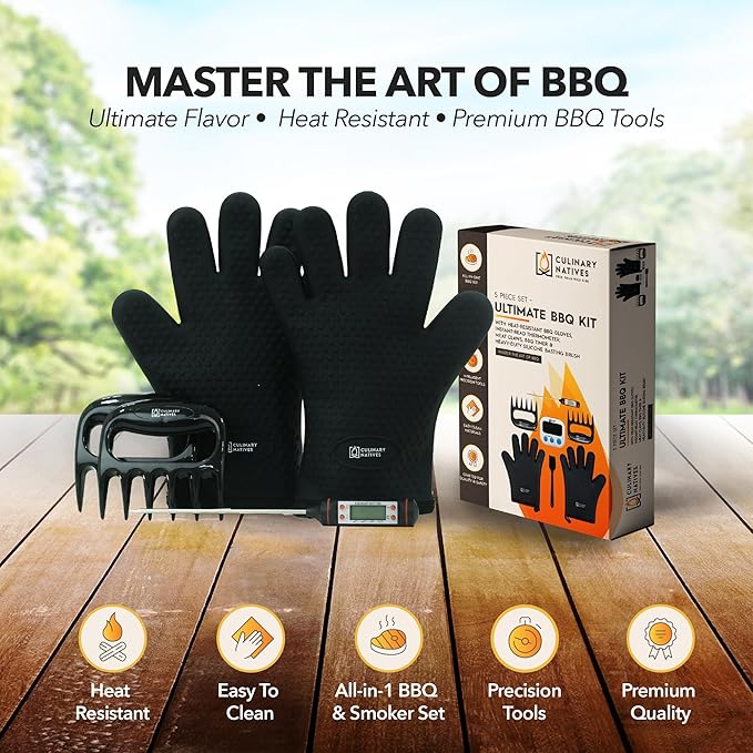 Meat Claws and Smoker Gloves | No.1 Heat Resistant BBQ Grill Gloves | Pulled Pork Claws | Thermometer | Silicone Oven Mitts