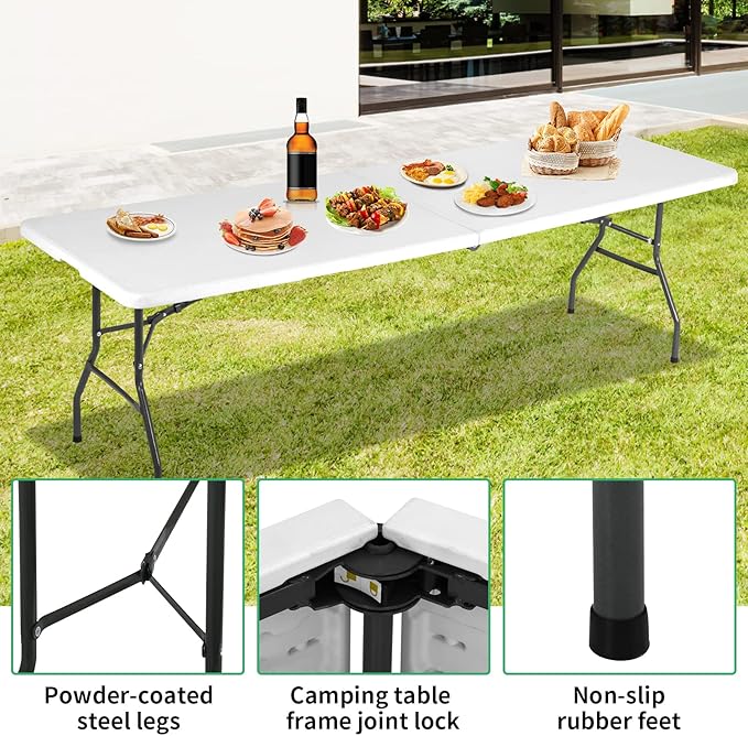 8FT Folding Table, Heavy Duty Foldable Table with Handle, Portable Fold-in-Half Utility Tables for Indoor & Outdoor Use