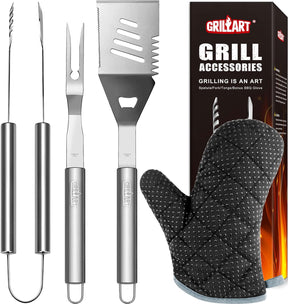 GRILLART Grill Tools Grill Utensils Set - 3PCS BBQ Tools, Stainless Barbeque Grill Accessories -Spatula/Tongs/Fork