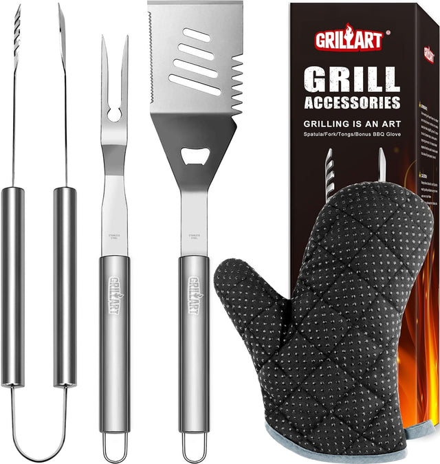 GRILLART Grill Tools Grill Utensils Set - 3PCS BBQ Tools, Stainless Barbeque Grill Accessories -Spatula/Tongs/Fork