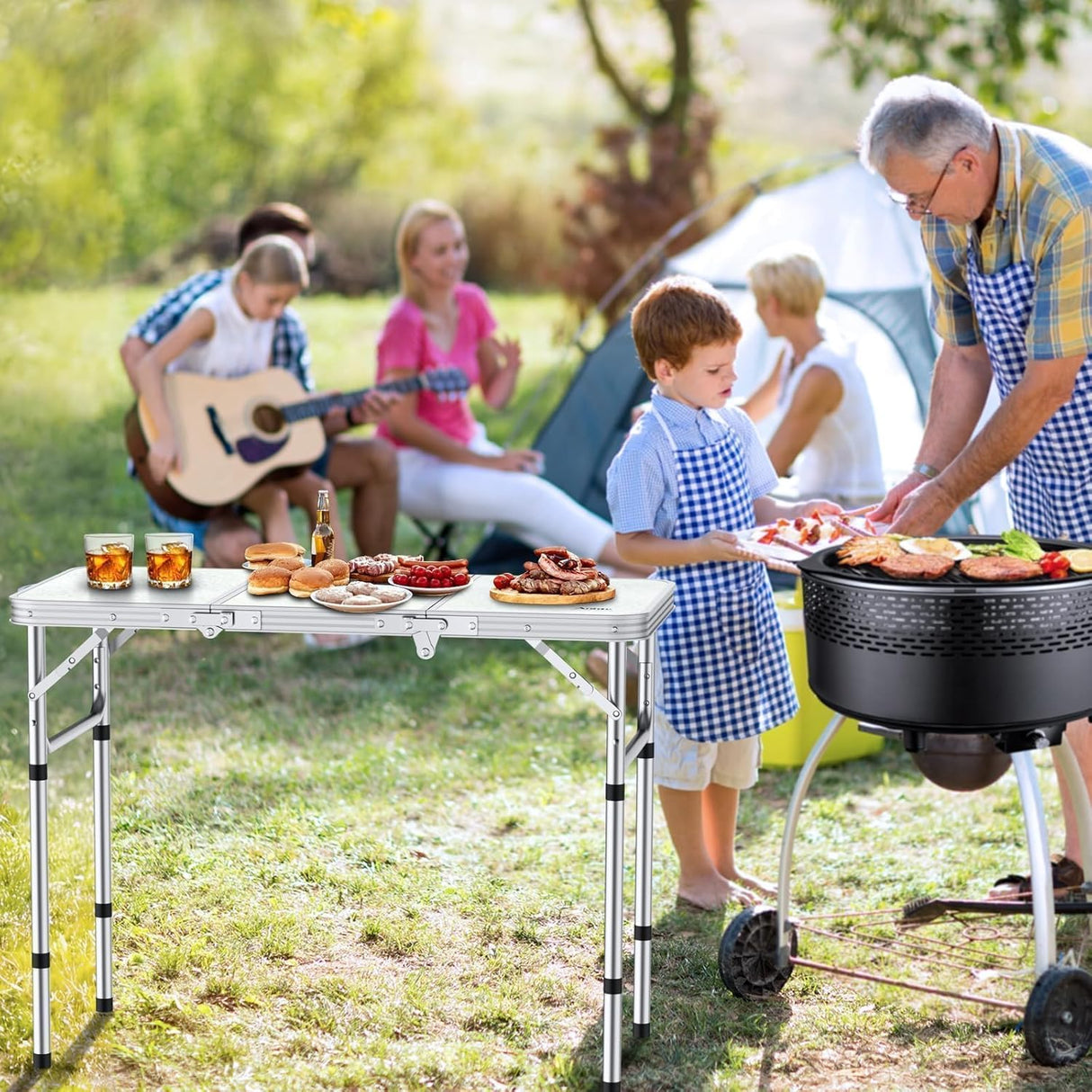 Folding Camping Table with Storage Net, 3ft Camping Table Aluminum Folding Table with 3 Adjustable Height Max 27.1 Inch,