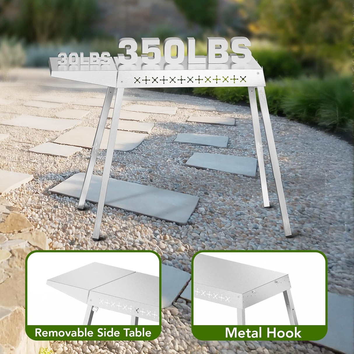 Food Grade 304 Stainless Steel BBQ Grill Table fits Tabletop Griddle, Outdoor Grill Table with 4 Foldable Legs, Portable