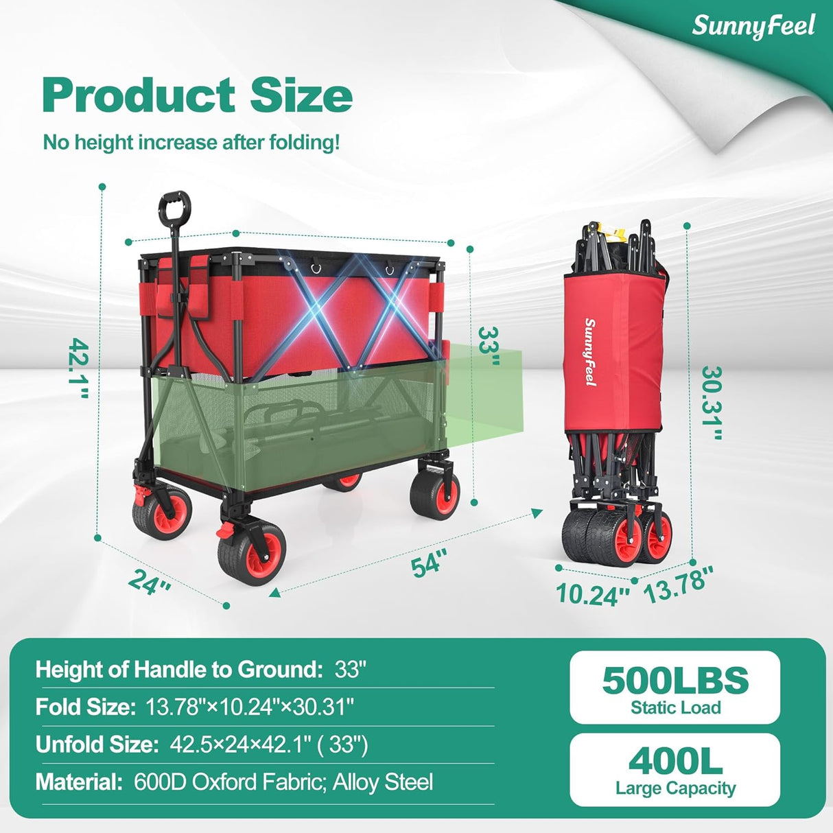 SUNNYFEEL Heavy Duty Collapsible Outdoor Utility Wagon Cart 500LB Capacity Adjustable Handlebar,Foldable Beach Wheels Stable