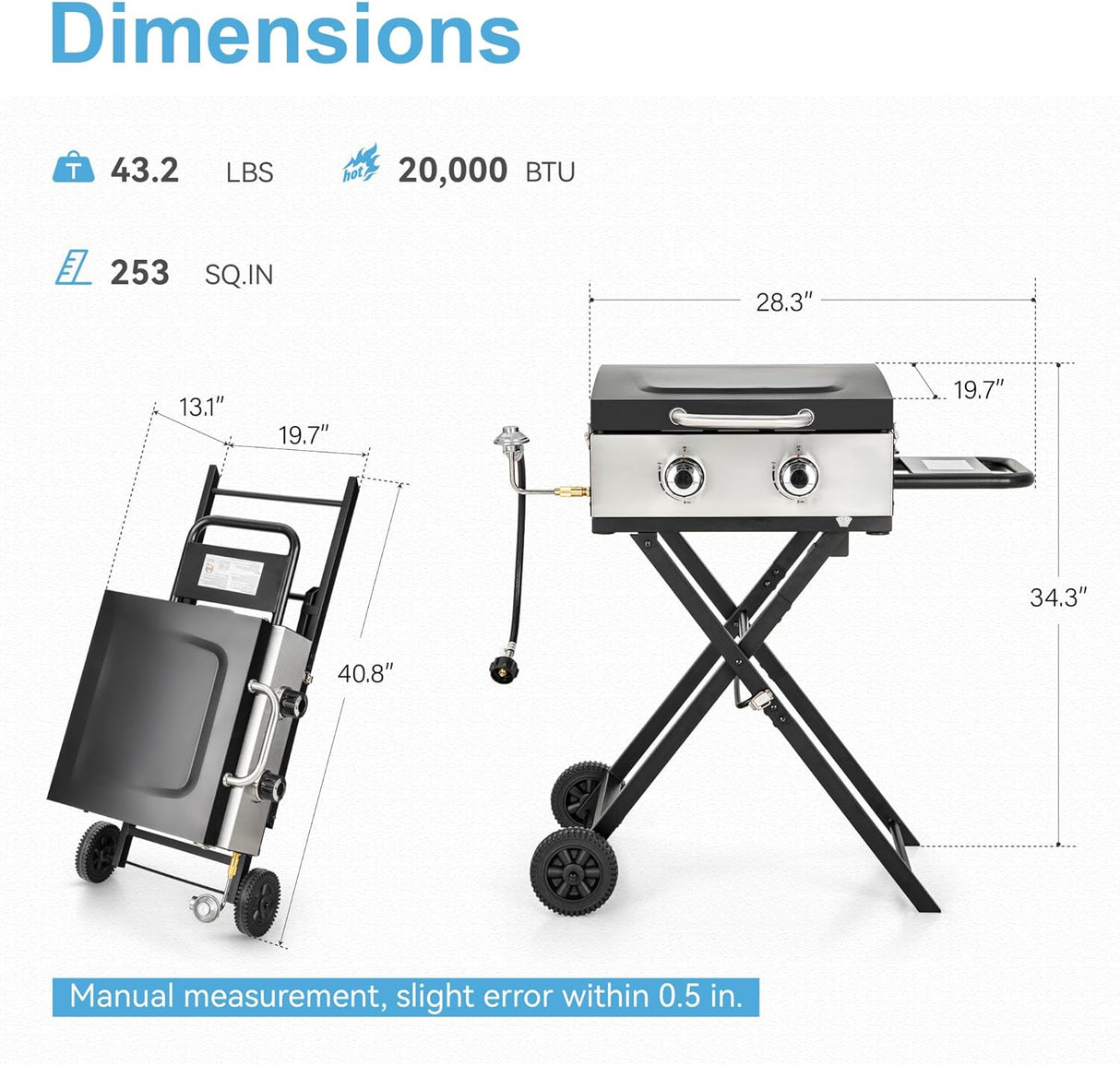 GREEN PARTY 2 Burner BBQ Propane Gas Griddle with Collapsible Stand, 18 Inch Portable Griddle with Side Table & 253 Sq. In.