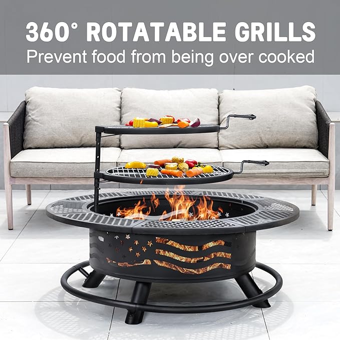 42 Inch Fire Pit with 2 Cooking Grates, Outdoor Wood Burning BBQ Grill Firepit Bowl with Cover Lid, Steel Round Table for