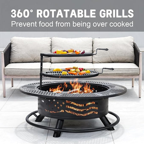 42 Inch Fire Pit with 2 Cooking Grates, Outdoor Wood Burning BBQ Grill Firepit Bowl with Cover Lid, Steel Round Table for