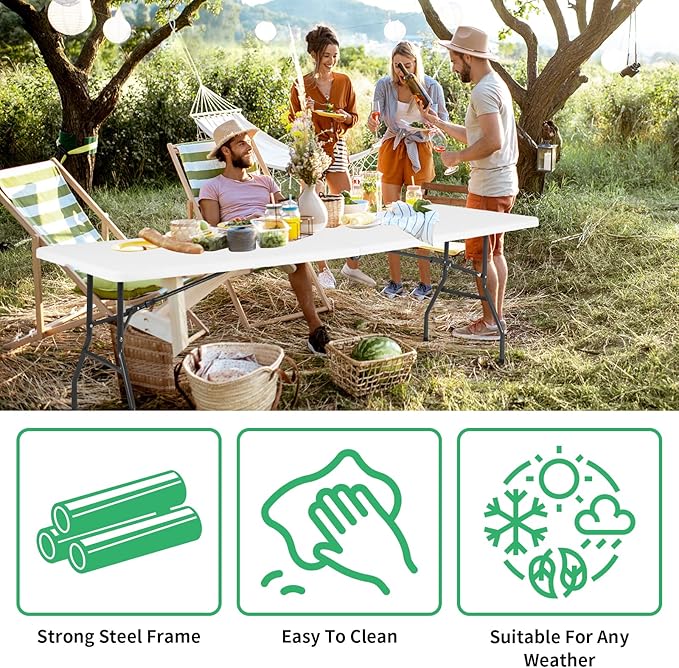 8FT Folding Table, Heavy Duty Foldable Table with Handle, Portable Fold-in-Half Utility Tables for Indoor & Outdoor Use