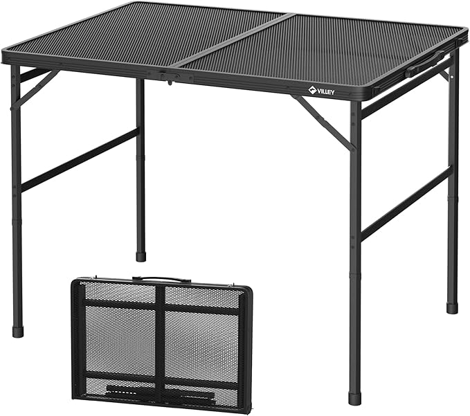 VILLEY Grill Table, 3ft Folding Camping Table with Aluminum Adjustable Legs, Portable Lightweight Camp Table for Beach