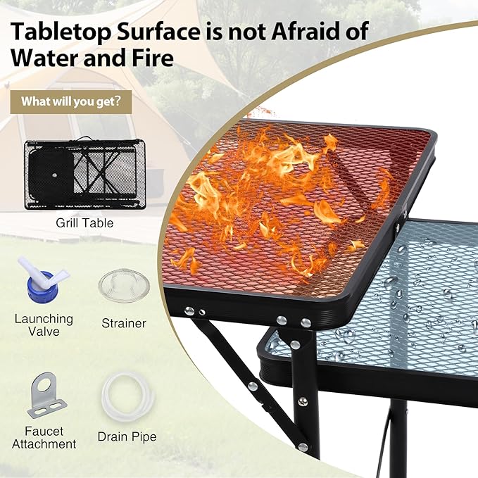 REDCAMP Portable Grill Table with Sink for Outside, Lightweight Aluminum Frame Folding Grill Stand Table with Adjustable