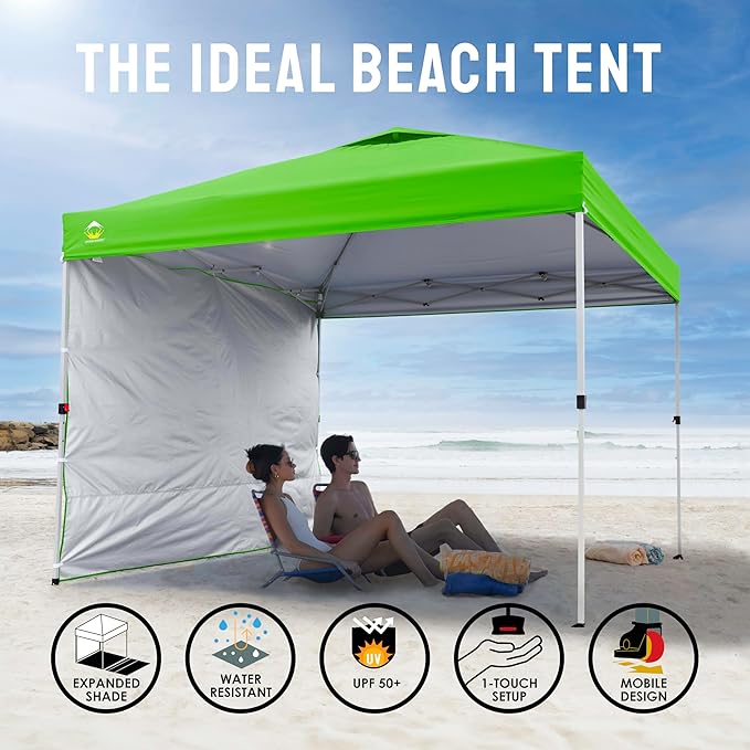 CROWN SHADES 10x10 Pop Up Canopy with 1 Side Wall - Beach Tent with One Push Setup - Outdoor Sun Shade for Events, Parties,