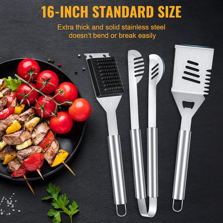 BBQ Tool Grilling Accessories, 16-Inch Stainless Steel BBQ Grill Tools Set for Men, Heavy Duty Grilling Accessories Kit for