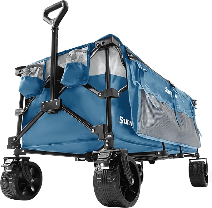 SUNNYFEEL 49''L 550lbs Heavy Duty Wagon Cart Foldable with Wheels,Extra Long Fold Up Wagons Carts with Side Pocket and