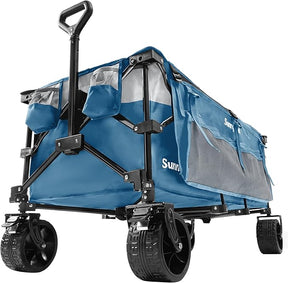 SUNNYFEEL 49''L 550lbs Heavy Duty Wagon Cart Foldable with Wheels,Extra Long Fold Up Wagons Carts with Side Pocket and