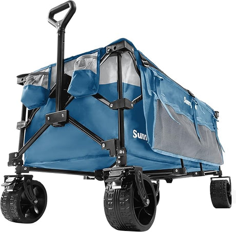 SUNNYFEEL 49''L 550lbs Heavy Duty Wagon Cart Foldable with Wheels,Extra Long Fold Up Wagons Carts with Side Pocket and