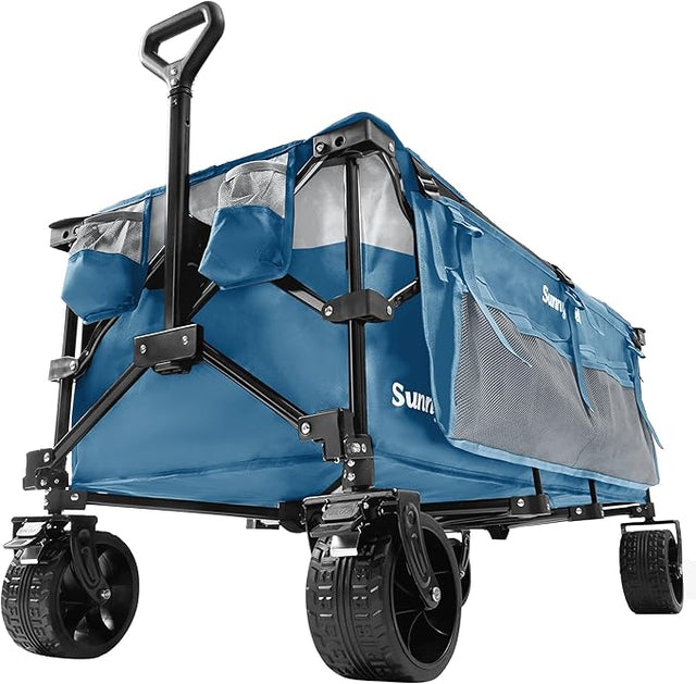 SUNNYFEEL 49''L 550lbs Heavy Duty Wagon Cart Foldable with Wheels,Extra Long Fold Up Wagons Carts with Side Pocket and