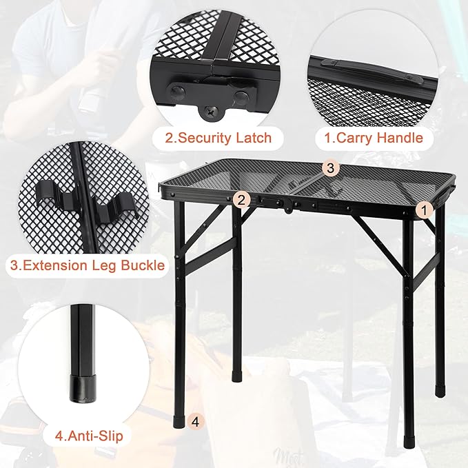 Camping Table with Mesh Desktop, Lightweight & Portable Small Folding Grill Table, Height Adjustable Metal Outdoor Table for