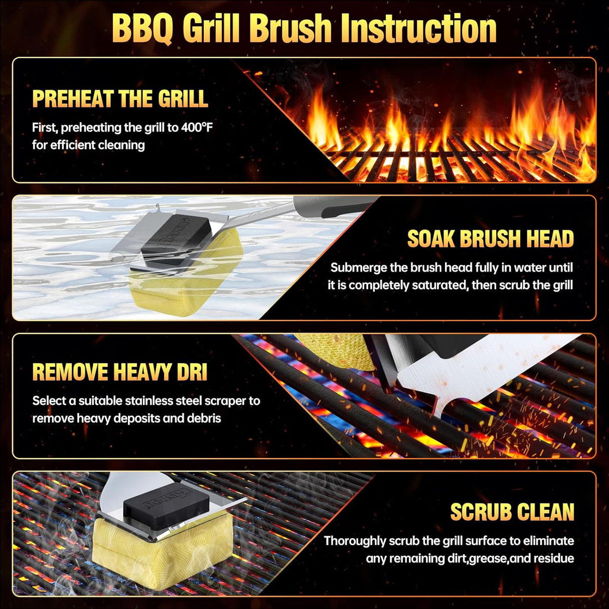 Grill Cleaning Brush Bristle Free for Outdoor Grill Brush Extended Handle for Cast Iron Stainless-Steel Grates, Replaceable