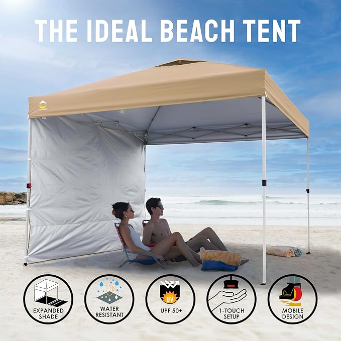 CROWN SHADES 10x10 Pop Up Canopy with 1 Side Wall - Beach Tent with One Push Setup - Outdoor Sun Shade for Events, Parties,