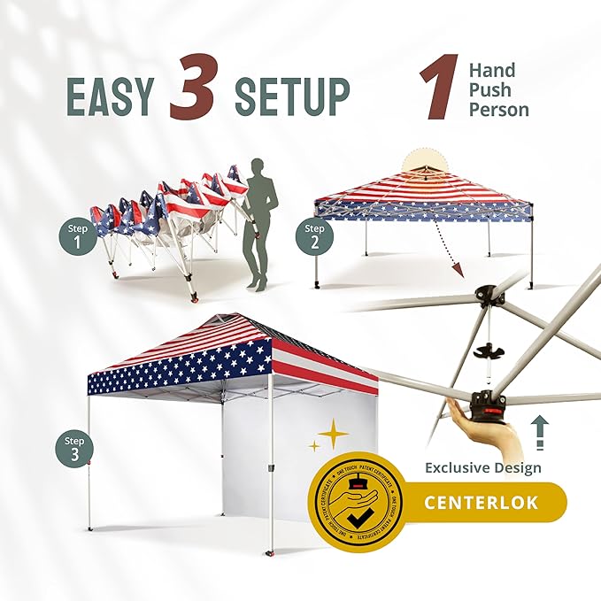 CROWN SHADES 10x10 Pop Up Canopy with 1 Side Wall - Beach Tent with One Push Setup - Outdoor Sun Shade for Events, Parties,