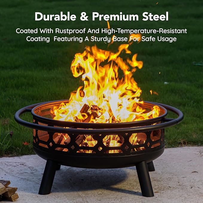 36 Inch Fire Pit, Outdoor Wood Burning Firepit with Removable Grill & Poker, Heavy Duty Metal Round Fireplace,2 in 1 Large