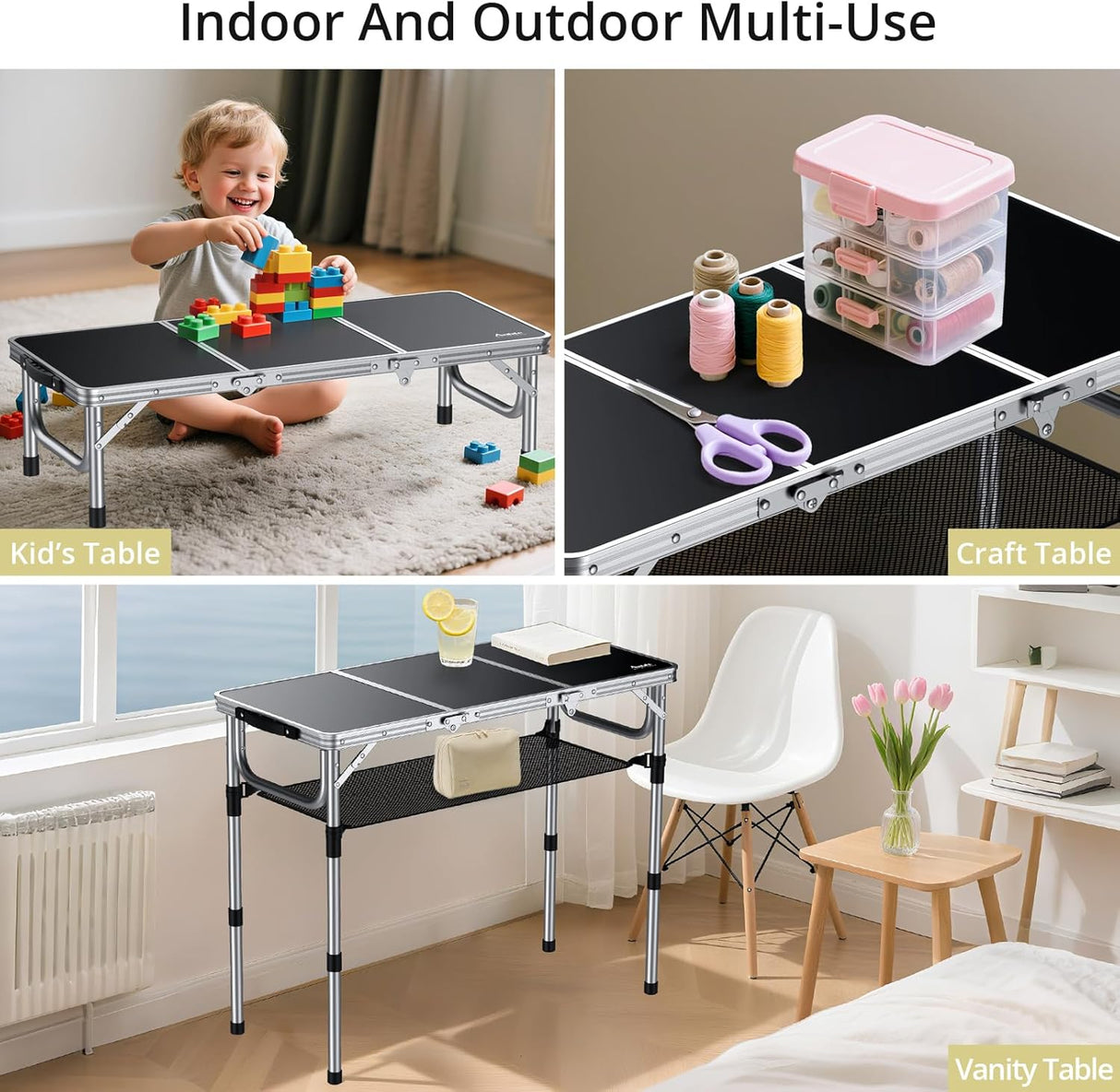 Folding Camping Table with Storage Net, 3ft Camping Table Aluminum Folding Table with 3 Adjustable Height Max 27.1 Inch