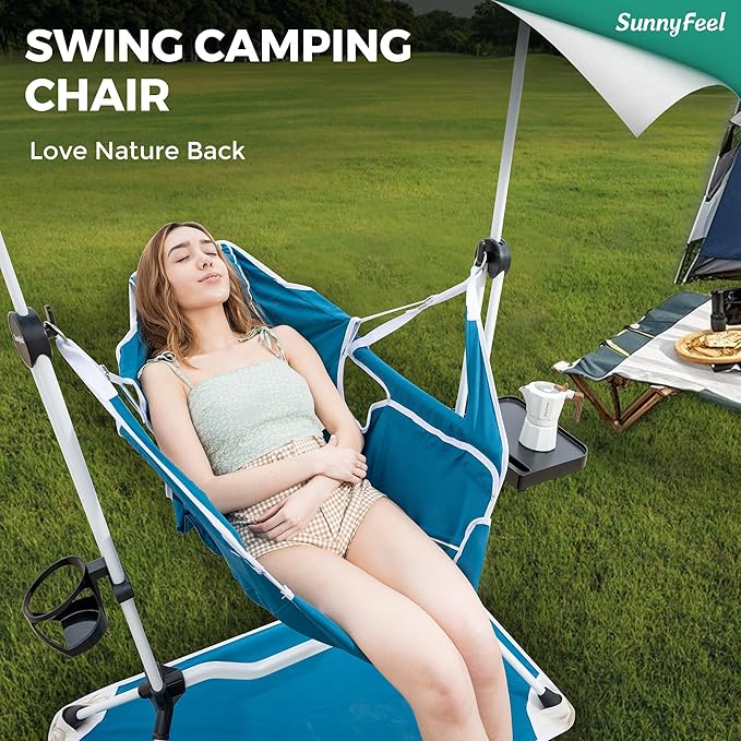 SUNNYFEEL Hammock Camping Chair, Oversized Swinging Camping Chair, Portable Hammock Chairs with Cup Holder, Beach Mat, MAX