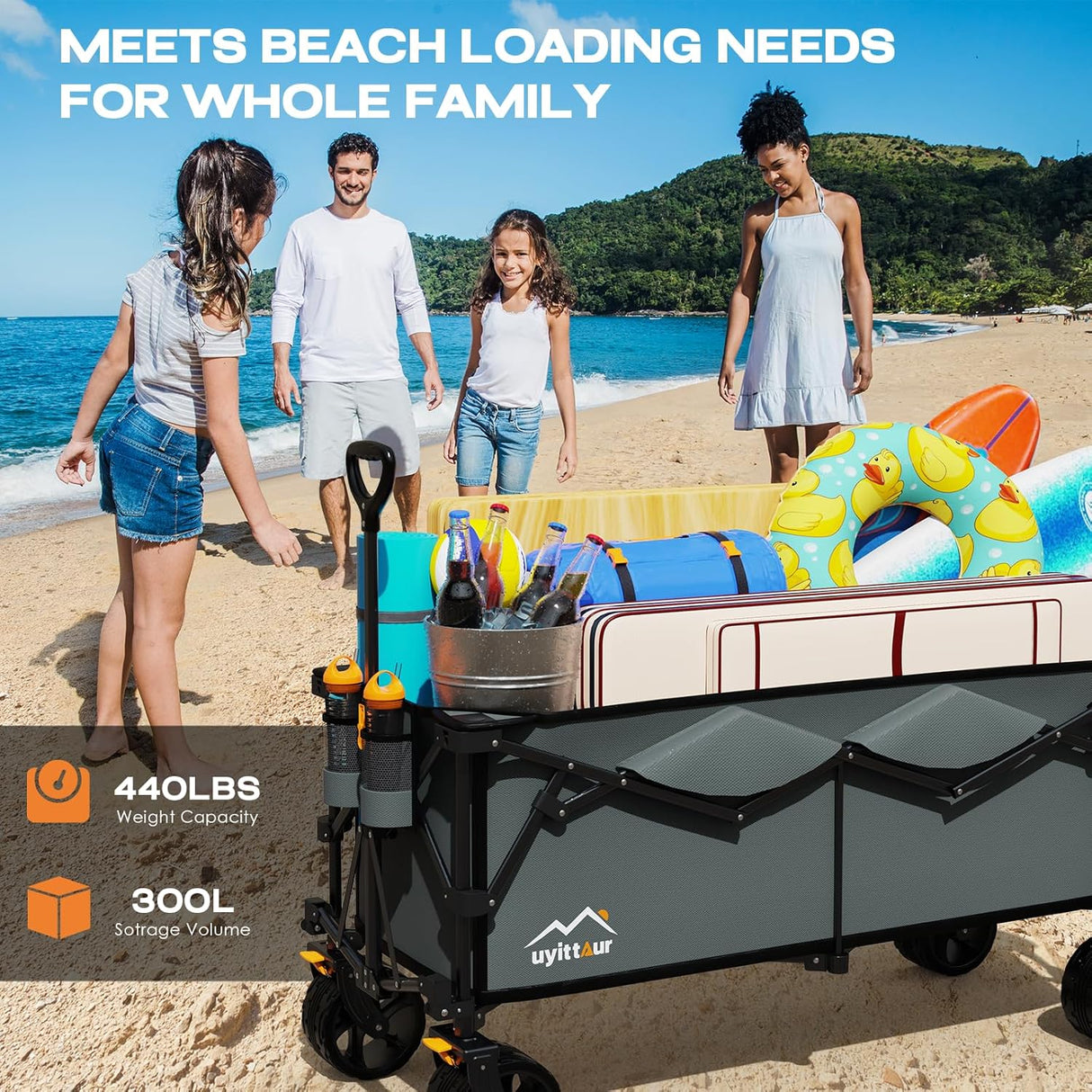 300L Extra Large Collapsible Foldable Wagon, 440lbs Load Capacity 48''L Extended Heavy Duty Folding Beach Wagon with Big