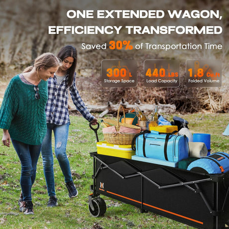 Navatiee 300L Collapsible Wagon Cart Foldable Extra Large, 48''L Folding Extended Beach Wagon with 440LBS Weight Capacity